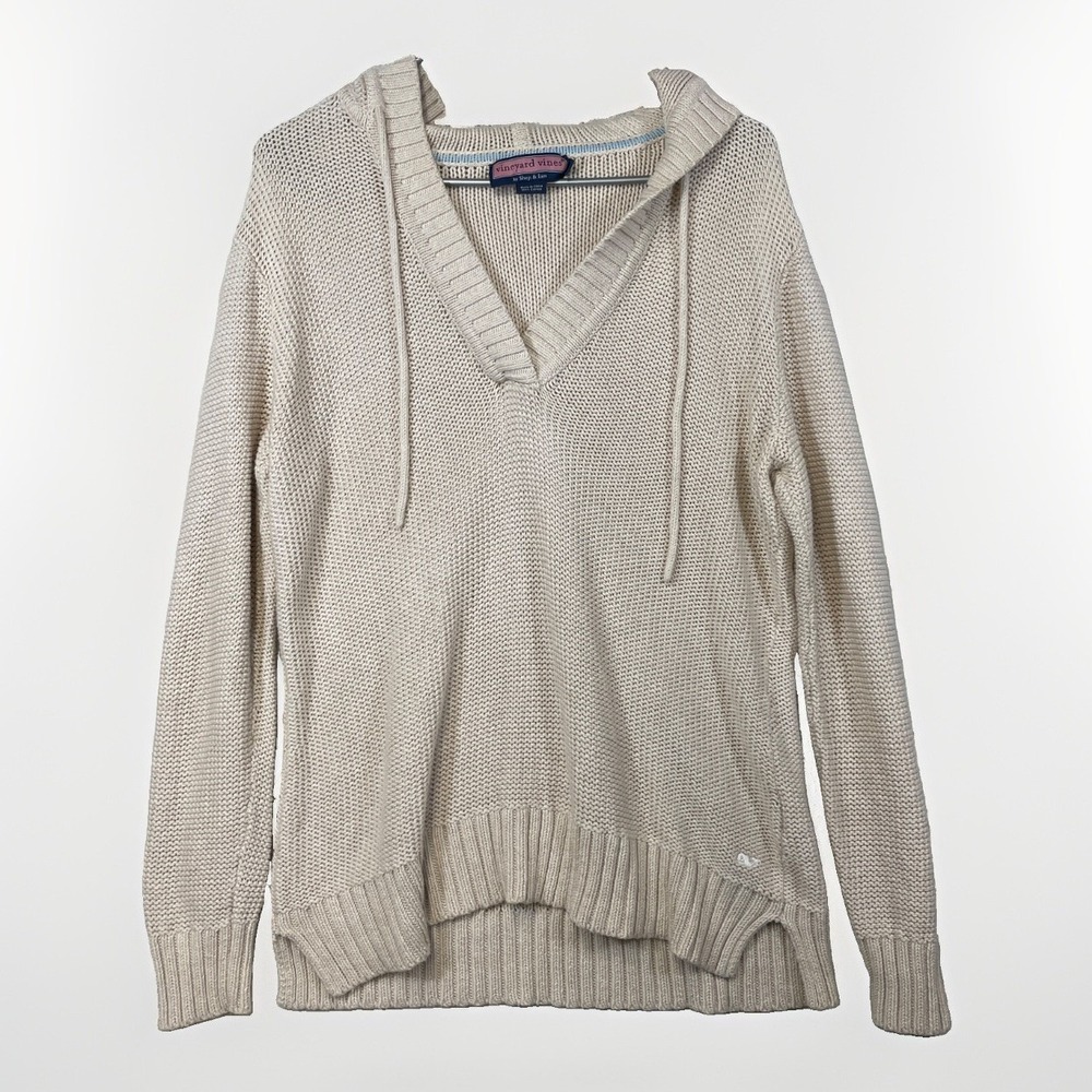 Vineyard Vines Women's Large Textured Shaker Stitch Cotton V Neck Hoodie Sweater